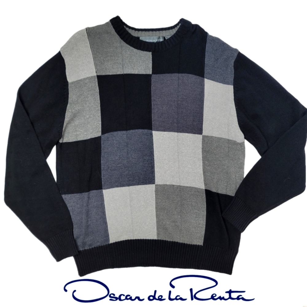 Oscar De La Renta color block gray scale and black cotton blend sweater size XL - Picture 1 of 4